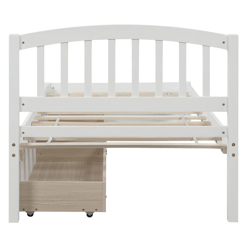 DreamHaus platform storage bed frame with two drawers and headboard, made of wood, showcasing the sleek design and storage features.