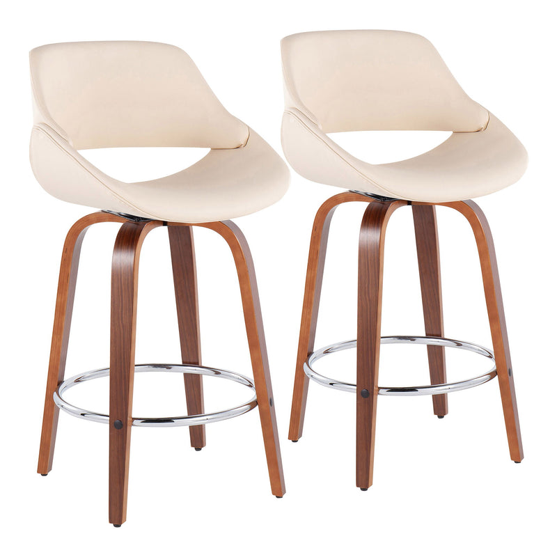 Lumi Source Fabrico mid-century modern counter stool set with round footrest, fixed height, sleek design, two stools, natural wood finish