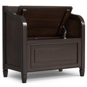 Simpli-Home Connaught storage bench with cushioned top and wooden base, ideal for entryway or living room storage.