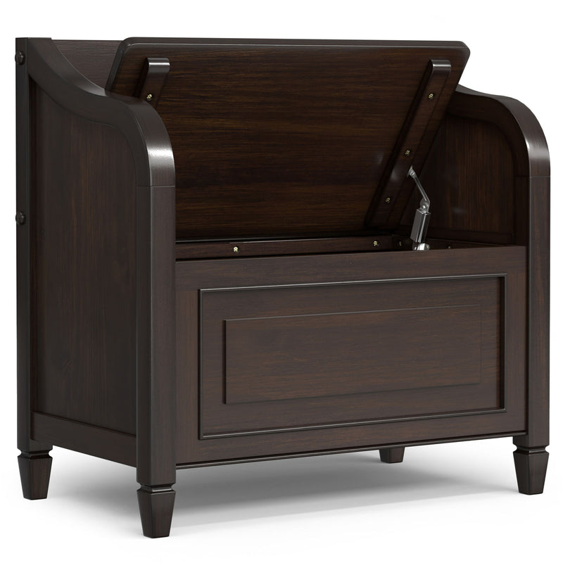 Simpli-Home Connaught storage bench with cushioned top and wooden base, ideal for entryway or living room storage.