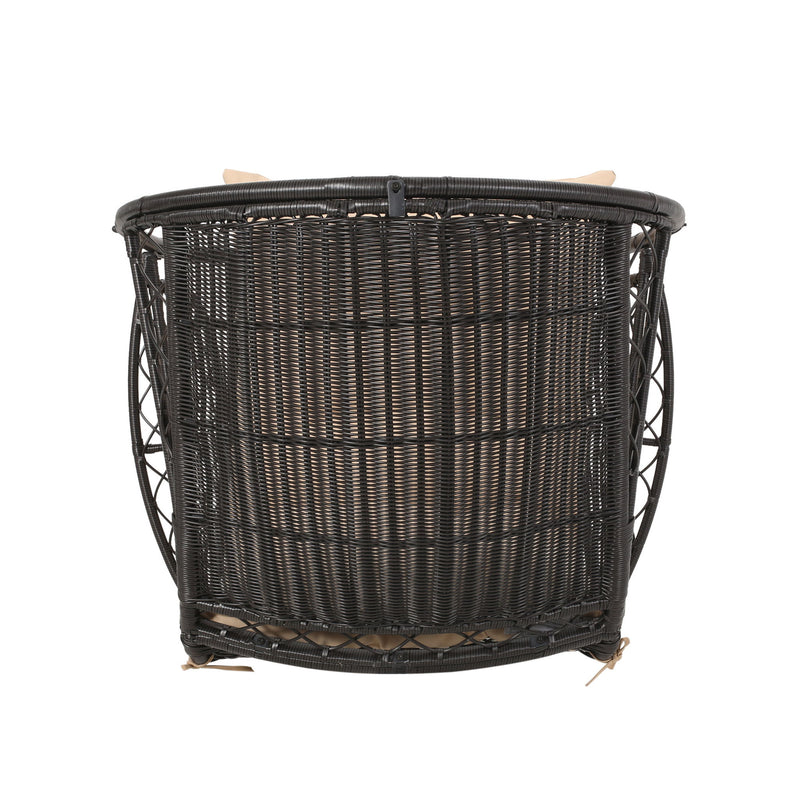 Noble House outdoor wicker standing basket chair with cushion, stylish accent chair for patio or garden seating.