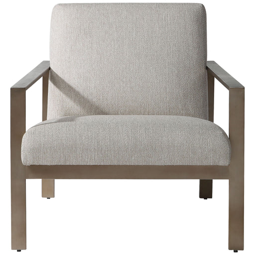 Uttermost beige contemporary accent arm chair with modern design, plush upholstery, and sleek wooden legs.