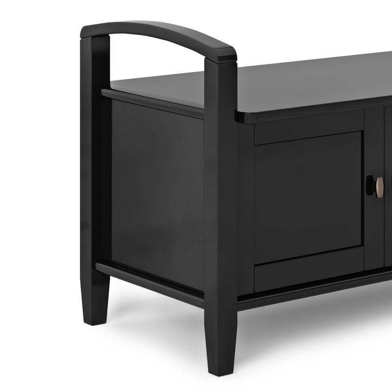 Handcrafted Warm Shaker Simpli-Home entryway storage bench with wooden finish and cushioned seat, perfect for seating and organization.