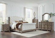 Signature Design by Ashley Ardenfield 6-piece bedroom set with bed frame, dresser, mirror, nightstands, and storage drawers.