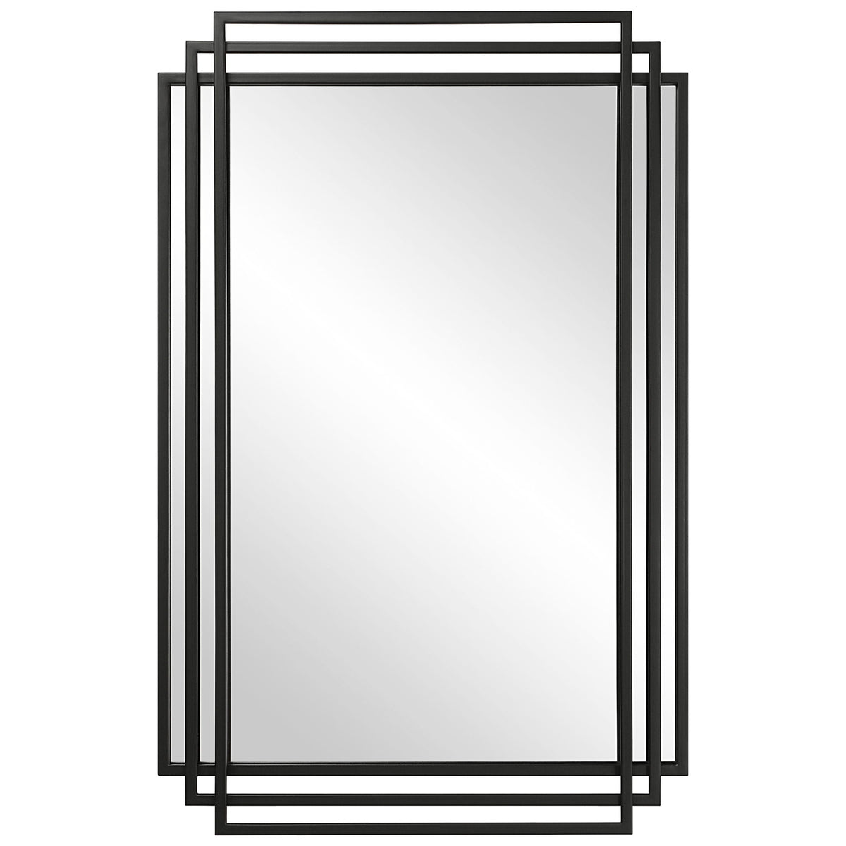 Uttermost Amherst wall mirror with a sleek, modern frame hanging on a wall, showcasing its stylish design and reflective surface.