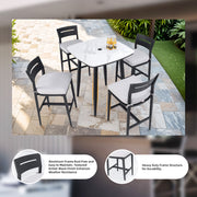 Set of two Life Outside modern outdoor bar stools with backrests and footrests, ideal for patio or backyard seating.