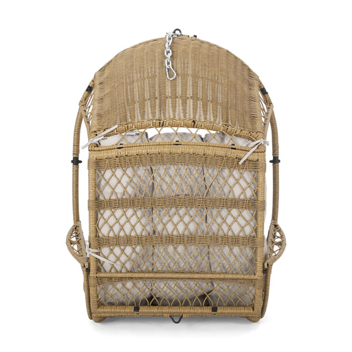 Light brown wicker hanging chair with beige cushions and 8-foot chain, ideal for outdoor or indoor relaxation by Noble House.