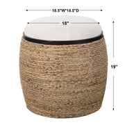 Uttermost Island straw accent stool in white and light brown with woven straw seat and wooden legs, stylish home decor piece