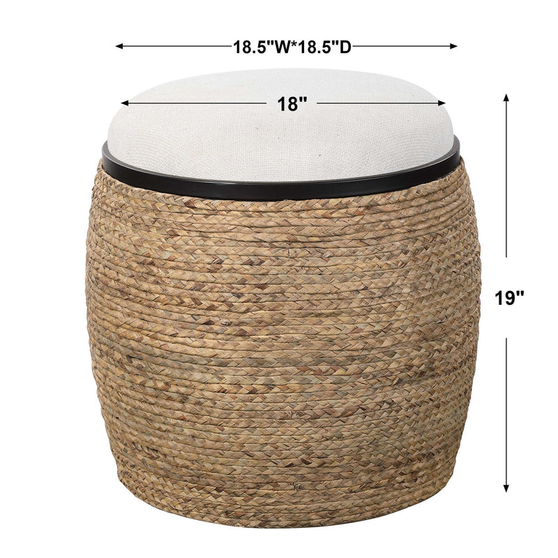 Uttermost Island straw accent stool in white and light brown with woven straw seat and wooden legs, stylish home decor piece