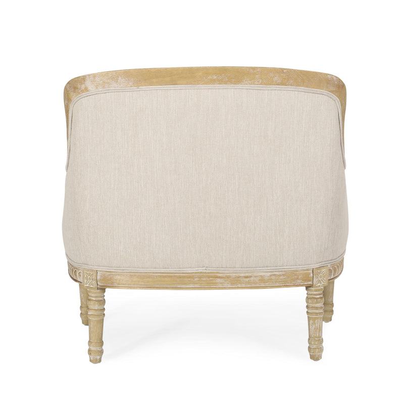 Noble House Style Club Arm Chair with plush upholstery and wooden legs, showcasing a classic, comfortable design for living rooms.