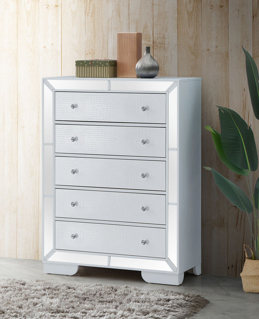 White storage chest from Glory Furniture's accent chests collection, featuring a sleek design and sturdy construction.