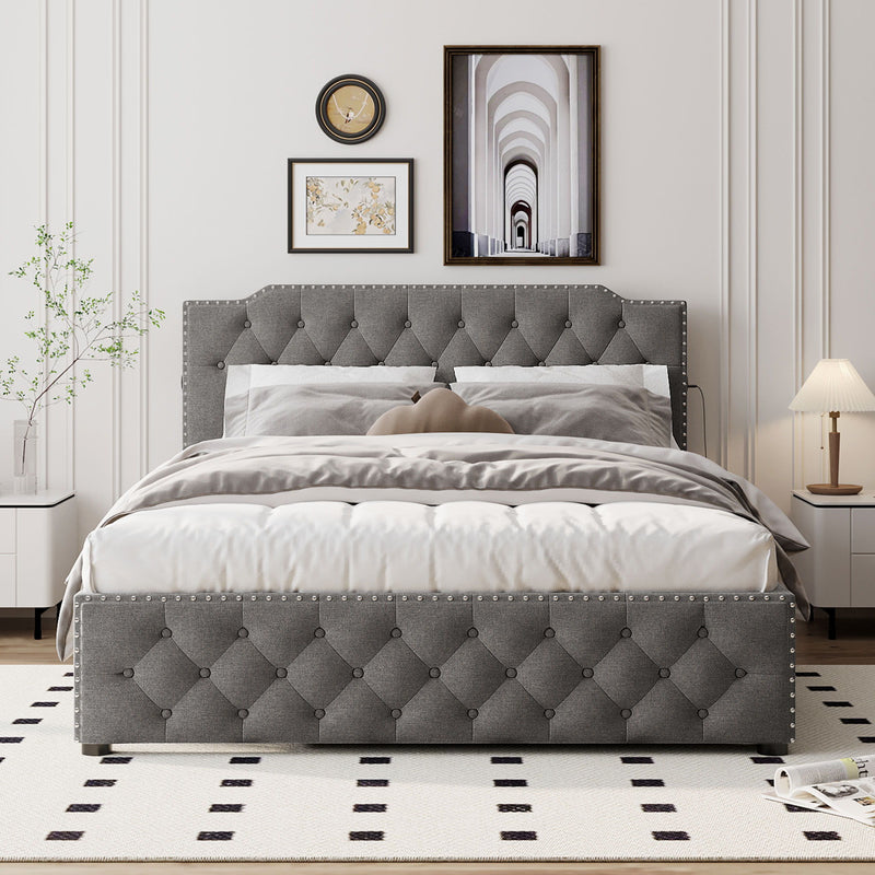 Upholstered Platform Bed With Trundle And 2 Sets Of USB Ports On Each Side, Fabric - R&R Furniture Gallery (Fountain Valley, CA)