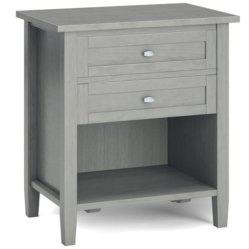 Handcrafted Warm Shaker bedside table by Simpli-Home, accent nightstand with natural wood finish and simple design.