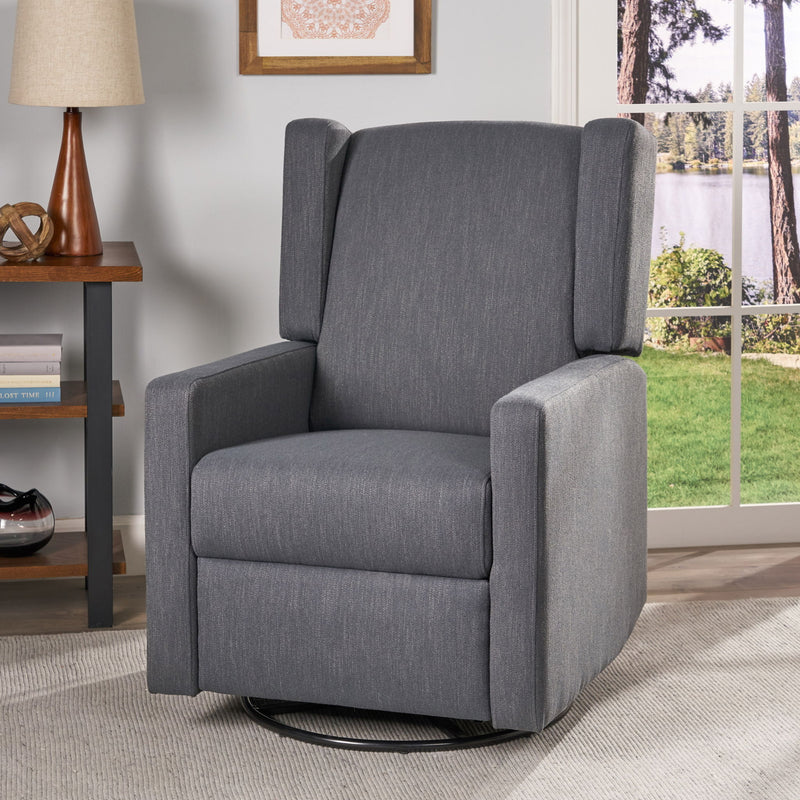 Noble House Landau contemporary fabric upholstered swivel recliner with plush cushioning and a sleek modern design.