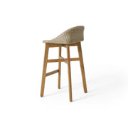 Set of two Noble House Beeson outdoor wicker and acacia wood barstools with water-resistant brown finish, ideal for outdoor seating.