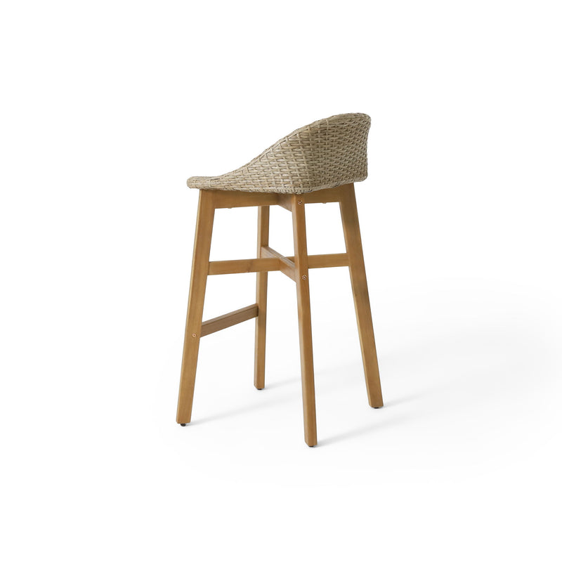 Set of two Noble House Beeson outdoor wicker and acacia wood barstools with water-resistant brown finish, ideal for outdoor seating.