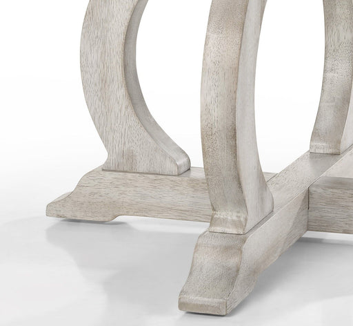 Havanna wide vintage round dining table by Lilola Home with walnut top and off-white base, ideal for modern dining rooms.