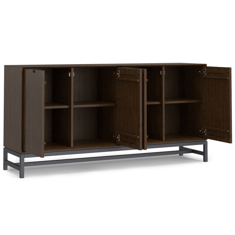 Simpli-Home Banting solid wood sideboard with metal frame, modern industrial dining room storage, featuring sleek design and ample storage space.