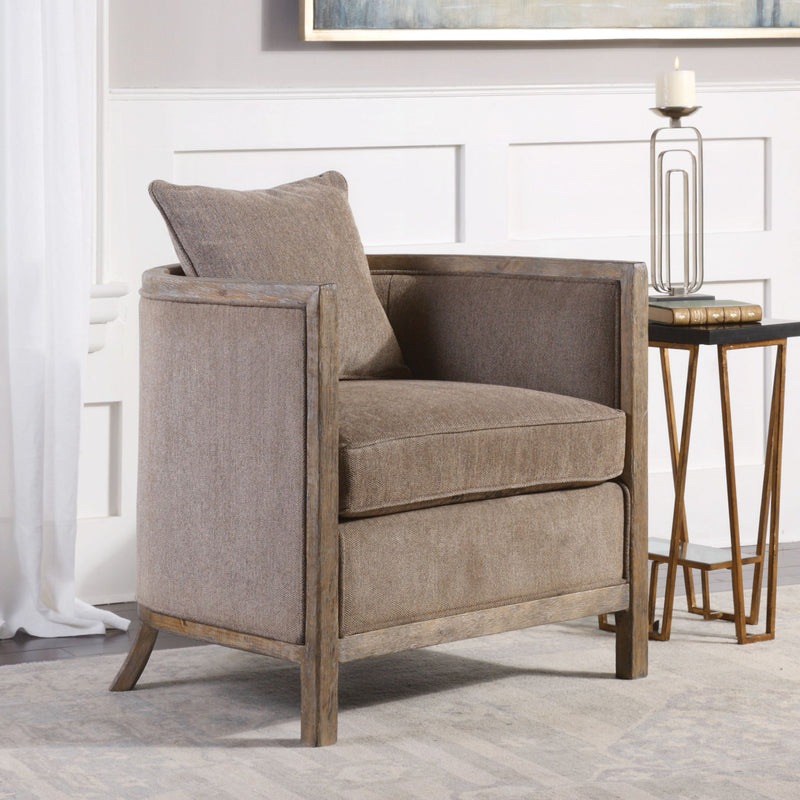 Gray chenille accent chair by Uttermost with plush upholstery and a modern design, perfect for living room or bedroom decor.