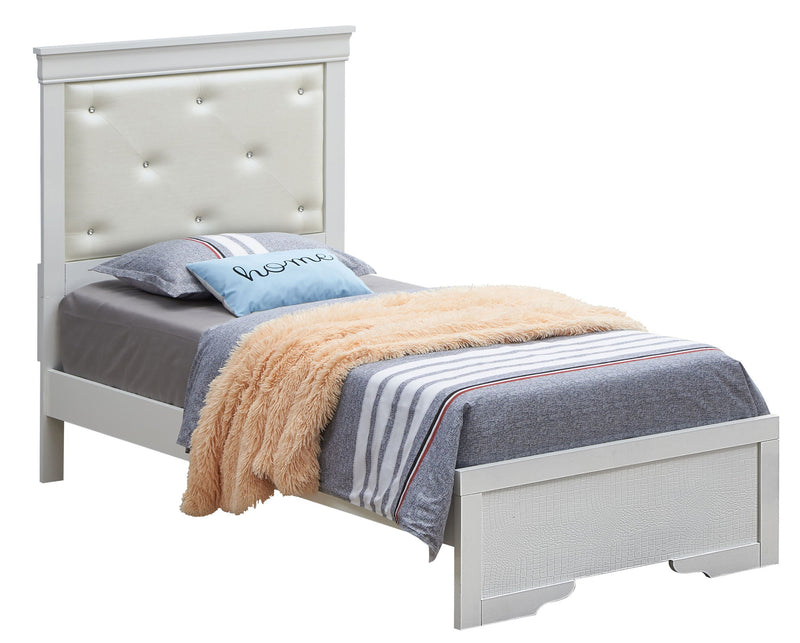 Upholstered bed named Lorana by Glory Furniture with a modern design, featuring a padded headboard and neutral fabric upholstery.