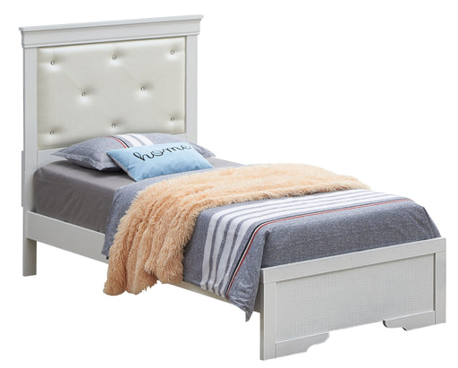 Upholstered bed named Lorana by Glory Furniture with a modern design, featuring a padded headboard and neutral fabric upholstery.