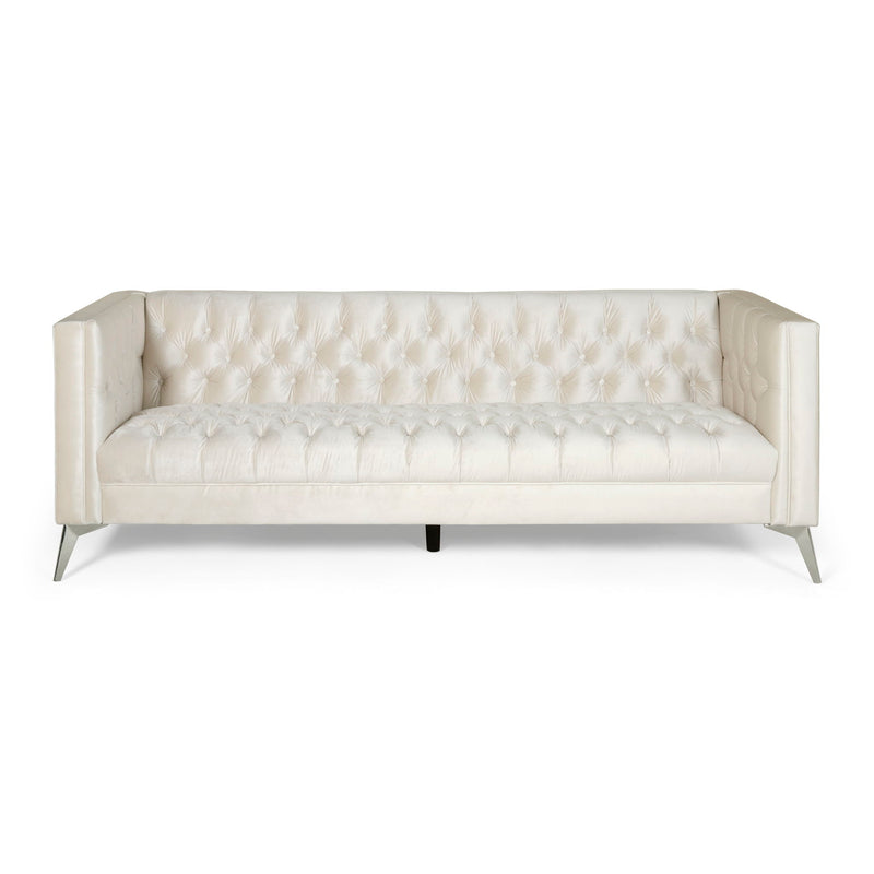 Contemporary Noble House 3-seater sofa with button tufting, stationary design, beige fabric, and plush cushioned seats.