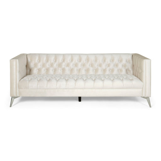 Contemporary Noble House 3-seater sofa with button tufting, stationary design, beige fabric, and plush cushioned seats.