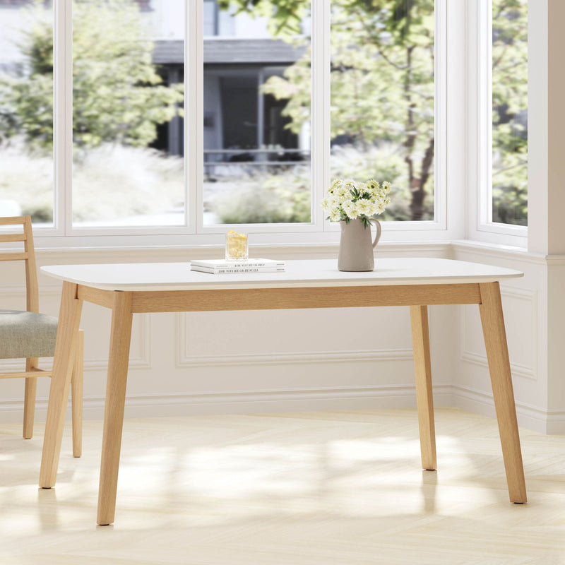 Dining Table With Splayed Rubberwood Legs & Faux Wood Tabletop, Mid Century Modern - White Oak - R&R Furniture Gallery (Fountain Valley, CA)