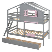 DreamHaus bunk bed with playhouse roof, window, and safety rails, featuring a cozy upper sleeping area and playful design.