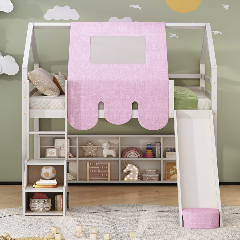 DreamHaus loft bed with house-shaped frame and built-in tent, ideal for children’s bedrooms, featuring a cozy play area underneath.