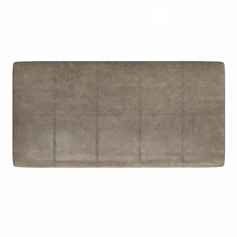Simpli-Home Dover storage ottoman in smoky brown leather with lift-up lid and interior storage space.