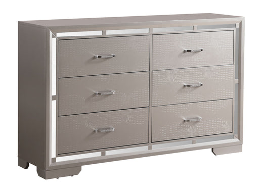 Silver champagne Alana dresser by Glory Furniture featuring sleek design and modern storage options.