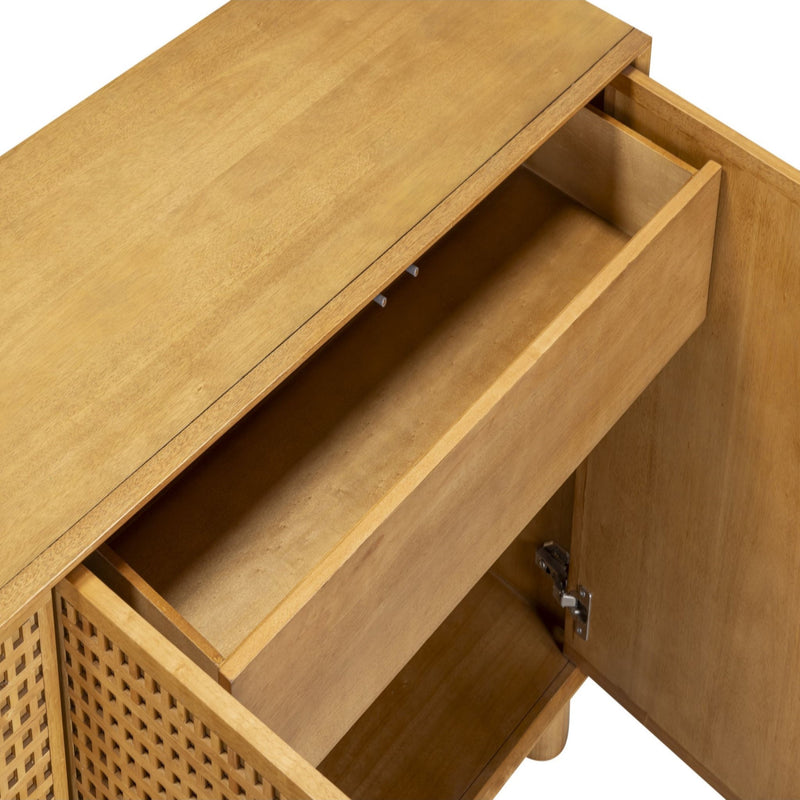 TOV Furniture Miles natural 3-door sideboard with sleek wooden finish and modern design, featuring multiple compartments and minimalist style.