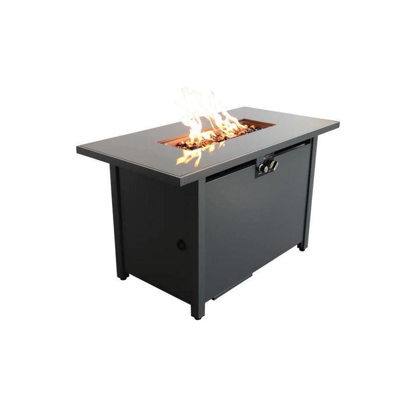 Rectangular LSI Patio Furniture fire pit with an elegant frame design, suitable for outdoor heating and ambiance.