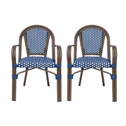 Set of 2 Noble House bistro chairs with white and navy checkered fabric upholstery and sleek metal legs.