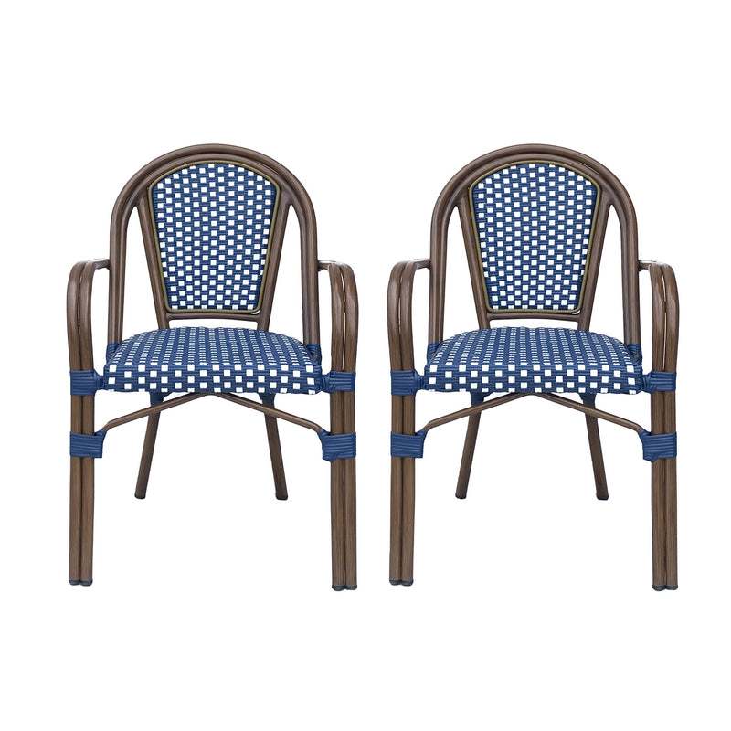 Set of 2 Noble House bistro chairs with white and navy checkered fabric upholstery and sleek metal legs.