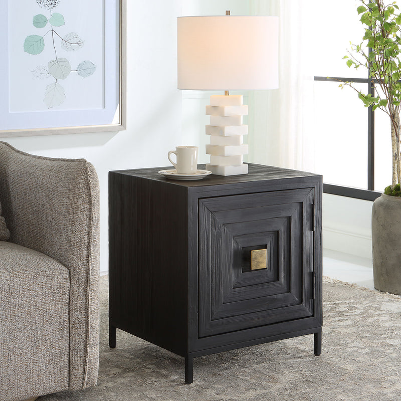 Uttermost Aiken accent cabinet with sleek wood finish and modern design, featuring storage drawers and decorative hardware.