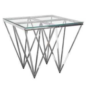 Omni Square End Table with Clear Tempered Glass Top and Polished Stainless Steel Base by Diamond Sofa