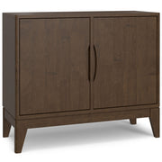 Simpli-Home Harper 2-door sideboard buffet in walnut brown wood with sleek handles and spacious storage.