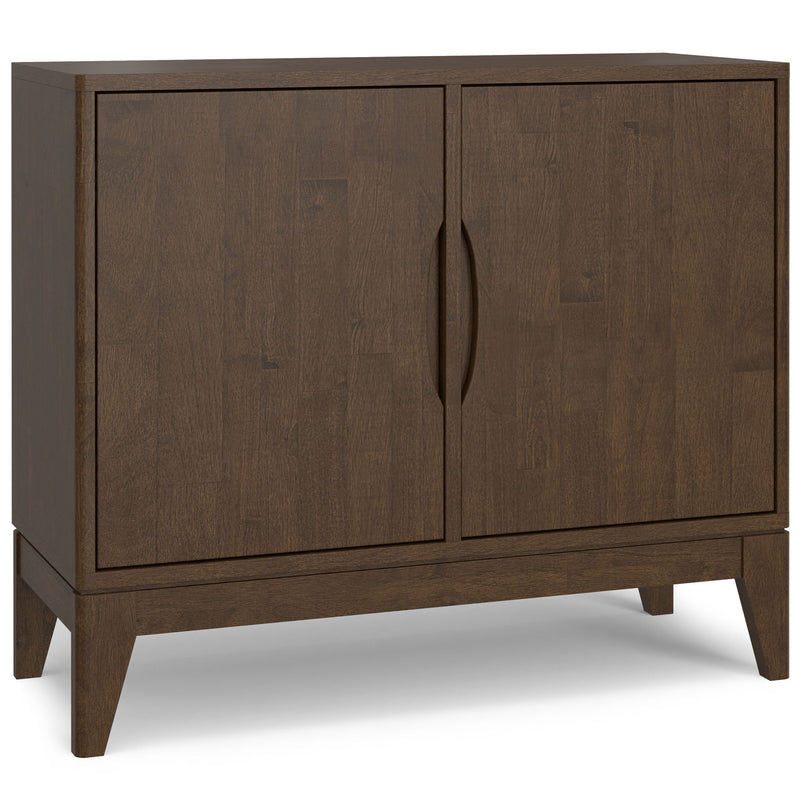 Simpli-Home Harper 2-door sideboard buffet in walnut brown wood with sleek handles and spacious storage.