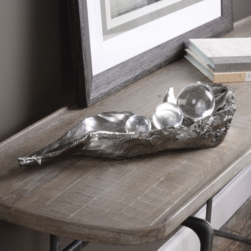 Pearl silver metallic sculpture of three peas in a pod, decorative figurine from Uttermost in sculptures and figurines collection.