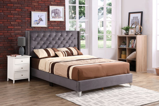 Upholstered nailhead trim chic bed by Glory Furniture with plush fabric and elegant headboard, stylish bedroom centerpiece.