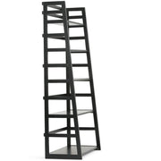 Simpli-Home Acadian handcrafted ladder shelf bookcase with multiple wooden shelves and a rustic finish.