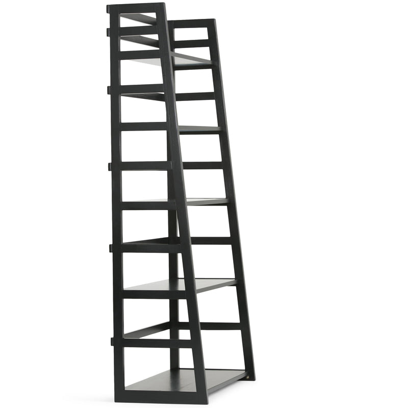 Simpli-Home Acadian handcrafted ladder shelf bookcase with multiple wooden shelves and a rustic finish.