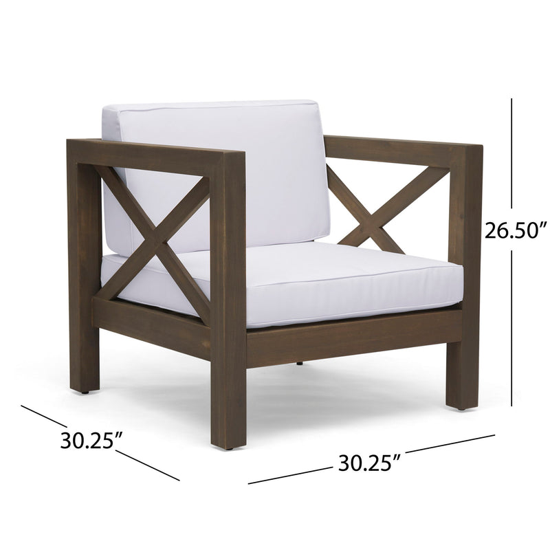 Noble House Brava mid-century modern arm chair with water-resistant cushions, featuring sleek design and comfortable seating.