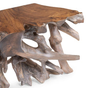 Classic Home Cypress Root Console Table with a natural wood finish, showcasing a sleek rectangular design and sturdy legs.