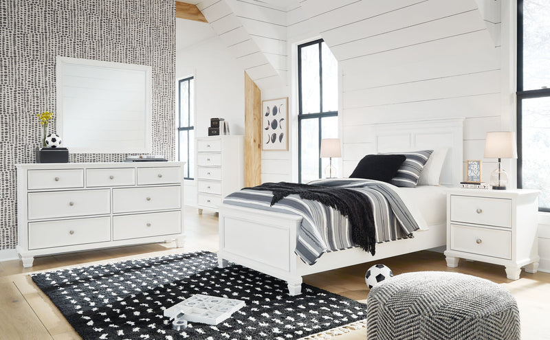 Signature Design by Ashley Fortman 6-piece panel bedroom set with bed frame, nightstands, dresser, mirror, and headboard in a modern style.