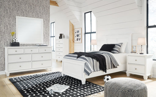 Signature Design by Ashley Fortman 6-piece panel bedroom set with bed frame, nightstands, dresser, mirror, and headboard in a modern style.