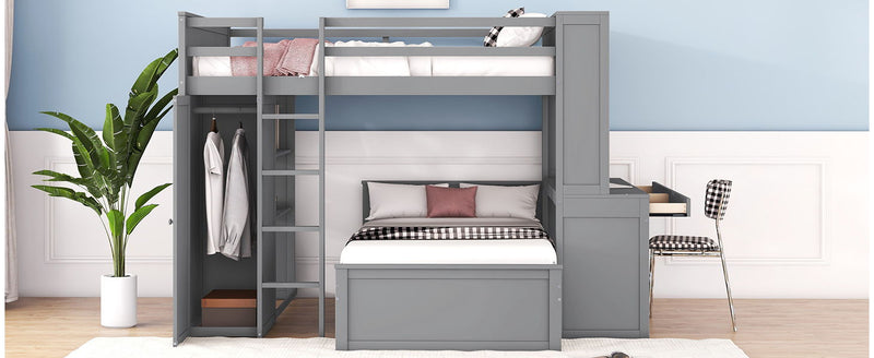 DreamHaus loft bed with twin-size standalone bed, shelves, desk, and wardrobe, showing a modern multi-functional bedroom setup.
