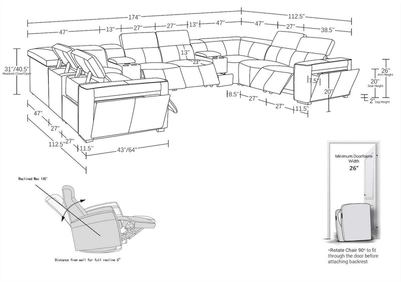 1224 - 10-Piece U-Shaped Sectional Sofa In With 4 Power Recliners & Power Headrests